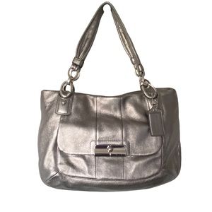 COACH Kristen leather zip top tote. Gunmetal/silver, metallic